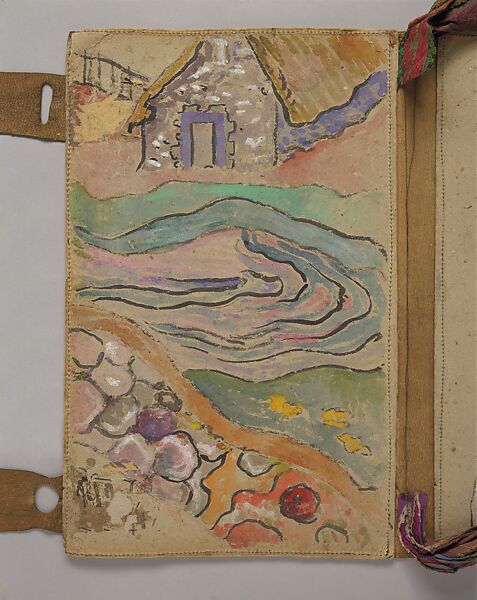 The Artist's Portfolio, Pont Aven, Paul Gauguin (French, Paris 1848–1903 Atuona, Hiva Oa, Marquesas Islands), Two inside covers decorated in watercolor and gouache over charcoal with graphite on heavy gray wove (blotting) paper sewn to leather; leather binding inscribed in pen and ink with additions in watercolor; multicolored silk ribbons stitched into binding.