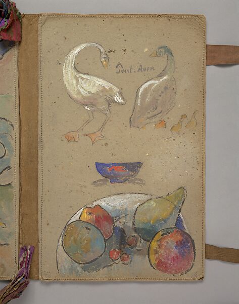 The Artist's Portfolio, Pont Aven, Paul Gauguin (French, Paris 1848–1903 Atuona, Hiva Oa, Marquesas Islands), Two inside covers decorated in watercolor and gouache over charcoal with graphite on heavy gray wove (blotting) paper sewn to leather; leather binding inscribed in pen and ink with additions in watercolor; multicolored silk ribbons stitched into binding.