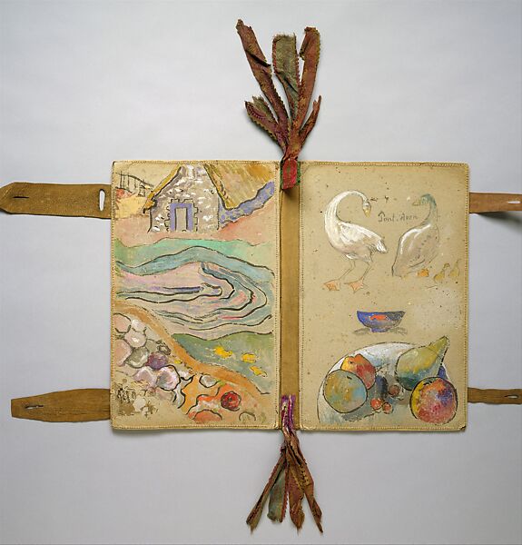 The Artist's Portfolio, Pont Aven, Paul Gauguin (French, Paris 1848–1903 Atuona, Hiva Oa, Marquesas Islands), Two inside covers decorated in watercolor and gouache over charcoal with graphite on heavy gray wove (blotting) paper sewn to leather; leather binding inscribed in pen and ink with additions in watercolor; multicolored silk ribbons stitched into binding. 