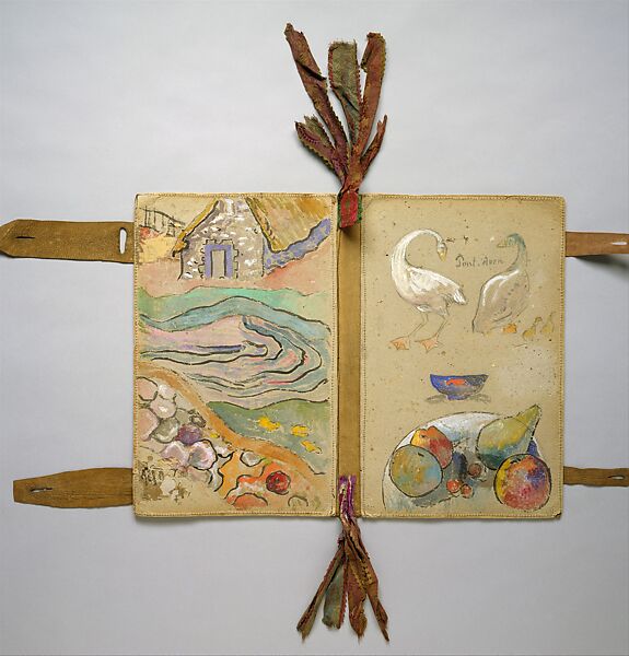 The Artist's Portfolio, Pont Aven, Paul Gauguin  French, Two inside covers decorated in watercolor and gouache over charcoal with graphite on heavy gray wove (blotting) paper sewn to leather; leather binding inscribed in pen and ink with additions in watercolor; multicolored silk ribbons stitched into binding.