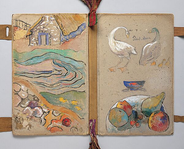 The Artist's Portfolio, Pont Aven, Paul Gauguin (French, Paris 1848–1903 Atuona, Hiva Oa, Marquesas Islands), Two inside covers decorated in watercolor and gouache over charcoal with graphite on heavy gray wove (blotting) paper sewn to leather; leather binding inscribed in pen and ink with additions in watercolor; multicolored silk ribbons stitched into binding.