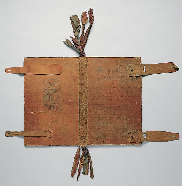 The Artist's Portfolio, Pont Aven, Paul Gauguin (French, Paris 1848–1903 Atuona, Hiva Oa, Marquesas Islands), Two inside covers decorated in watercolor and gouache over charcoal with graphite on heavy gray wove (blotting) paper sewn to leather; leather binding inscribed in pen and ink with additions in watercolor; multicolored silk ribbons stitched into binding.