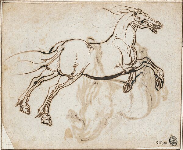 Study of a Horse (recto); Study of a Standing Horse (verso), Jacques Callot (French, Nancy 1592–1635 Nancy), Quill and reed pen and iron gall ink; minor evidence of leadpoint or graphite tracing of the standing horse visible on the recto