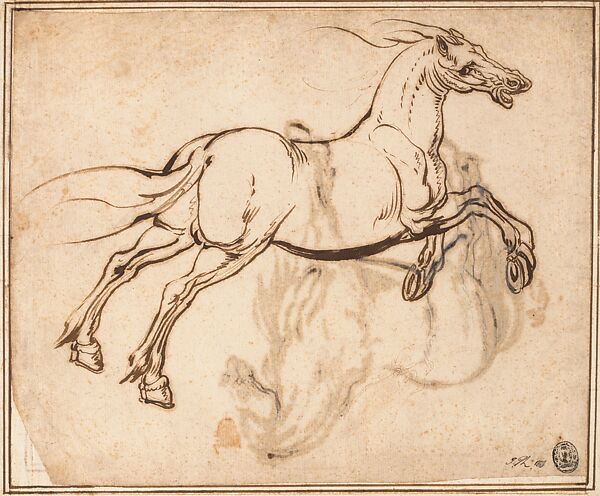 Study of a Horse (recto); Study of a Standing Horse (verso), Jacques Callot (French, Nancy 1592–1635 Nancy), Quill and reed pen and iron gall ink; minor evidence of leadpoint or graphite tracing of the standing horse visible on the recto 