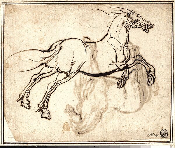 Study of a Horse (recto); Study of a Standing Horse (verso), Jacques Callot (French, Nancy 1592–1635 Nancy), Quill and reed pen and iron gall ink; minor evidence of leadpoint or graphite tracing of the standing horse visible on the recto