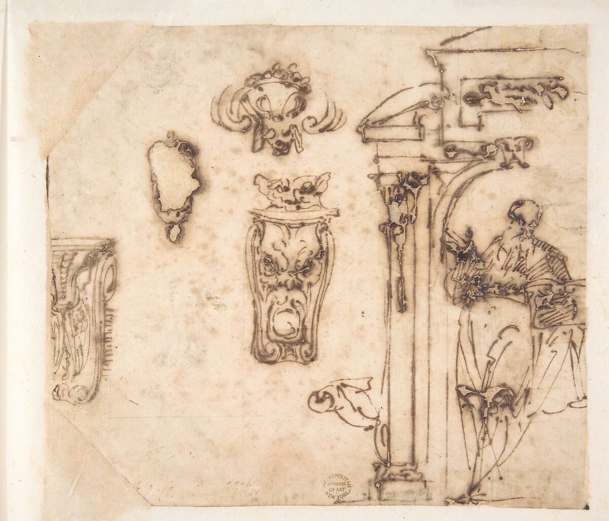 A Figure and Some Architectural Details., School of Michelangelo Buonarroti (Italian, Caprese 1475–1564 Rome), Pen and brown ink 