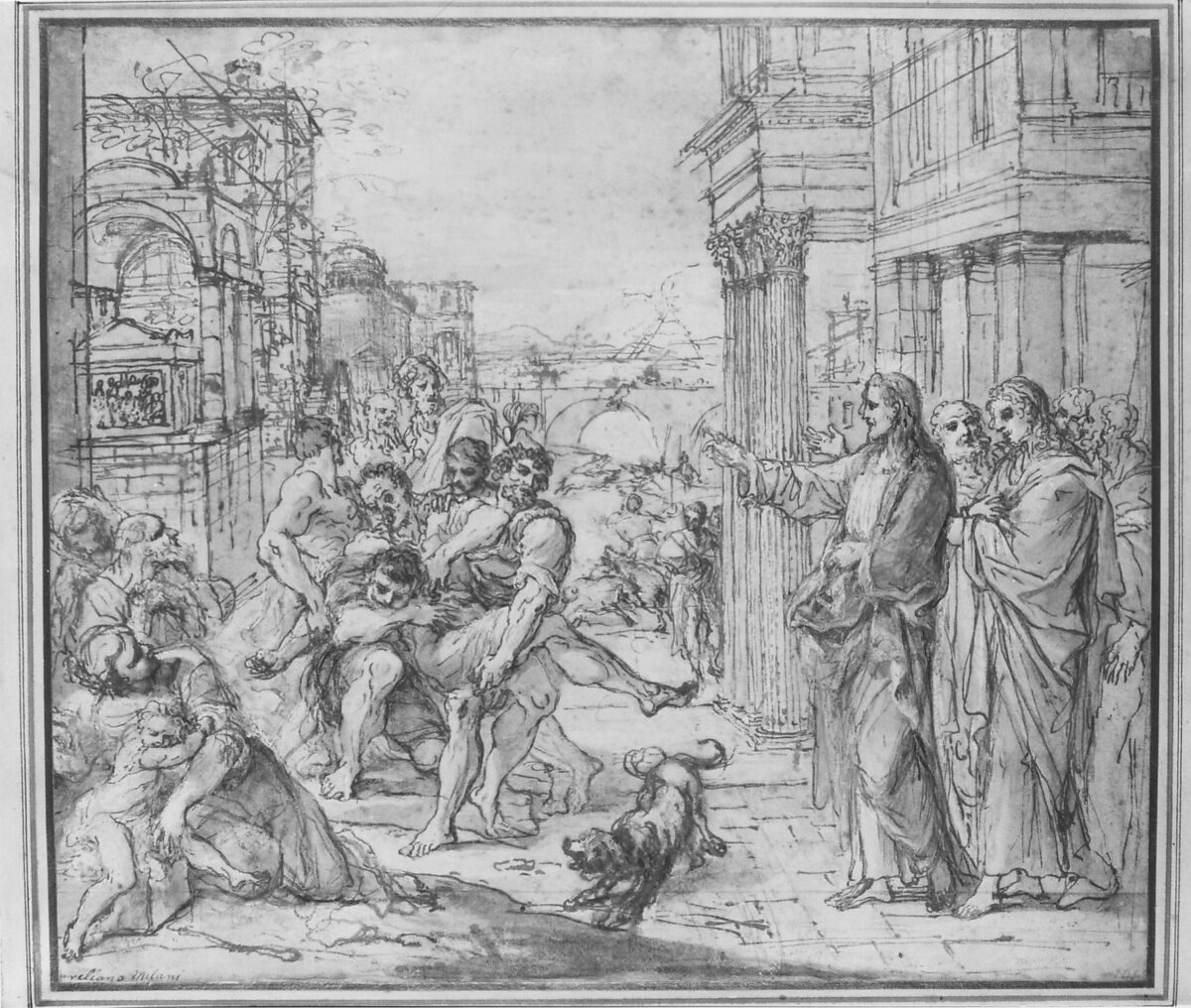 Christ Healing a Possessed Man, Aureliano Milani (Italian, Bologna 1675–1749 Bologna), Pen and brown ink, brush and brown wash, highlighted with white, over traces of black chalk, on light brown paper