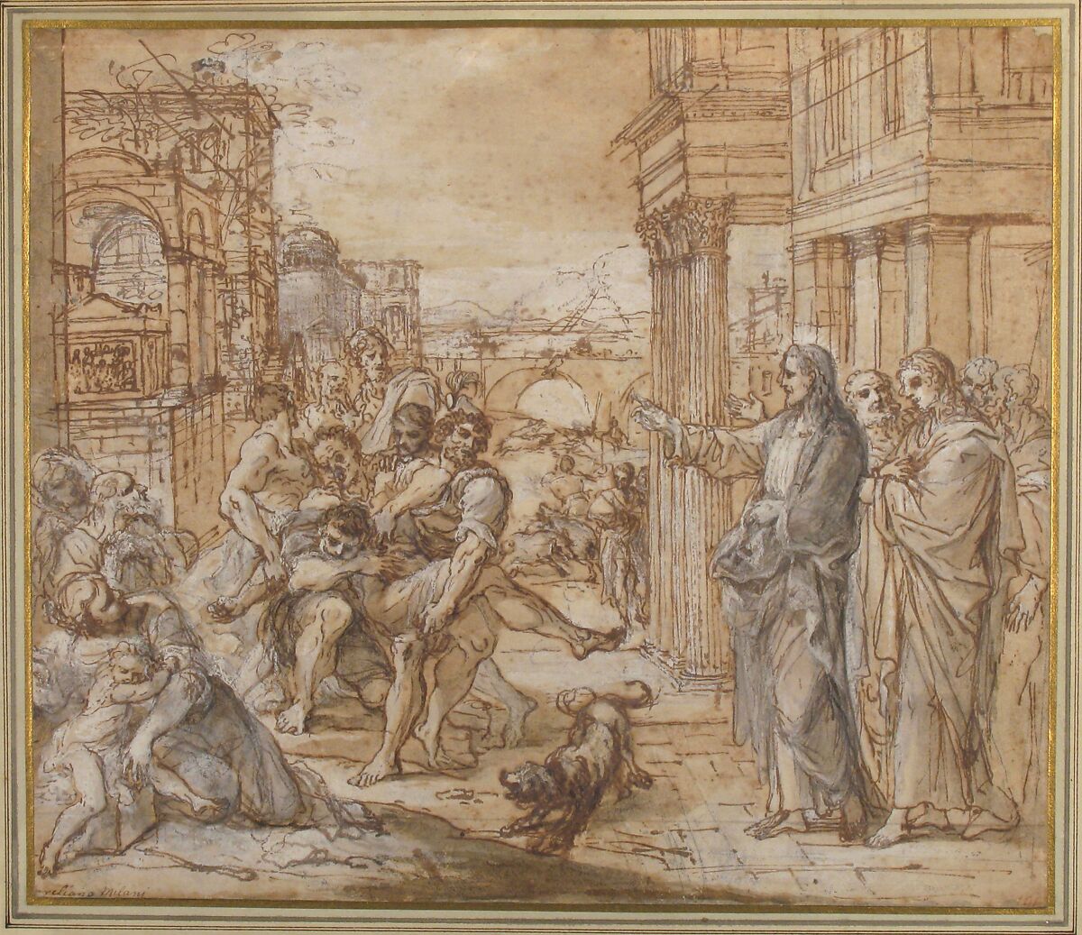 Christ Healing a Possessed Man, Aureliano Milani (Italian, Bologna 1675–1749 Bologna), Pen and brown ink, brush and brown wash, highlighted with white, over traces of black chalk, on light brown paper
