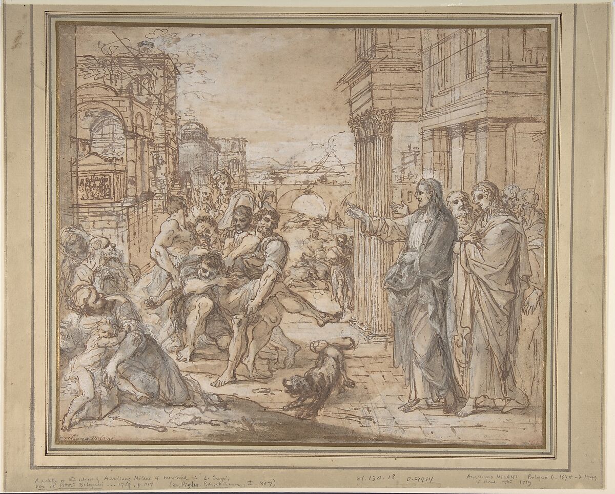 Christ Healing a Possessed Man, Aureliano Milani (Italian, Bologna 1675–1749 Bologna), Pen and brown ink, brush and brown wash, highlighted with white, over traces of black chalk, on light brown paper 