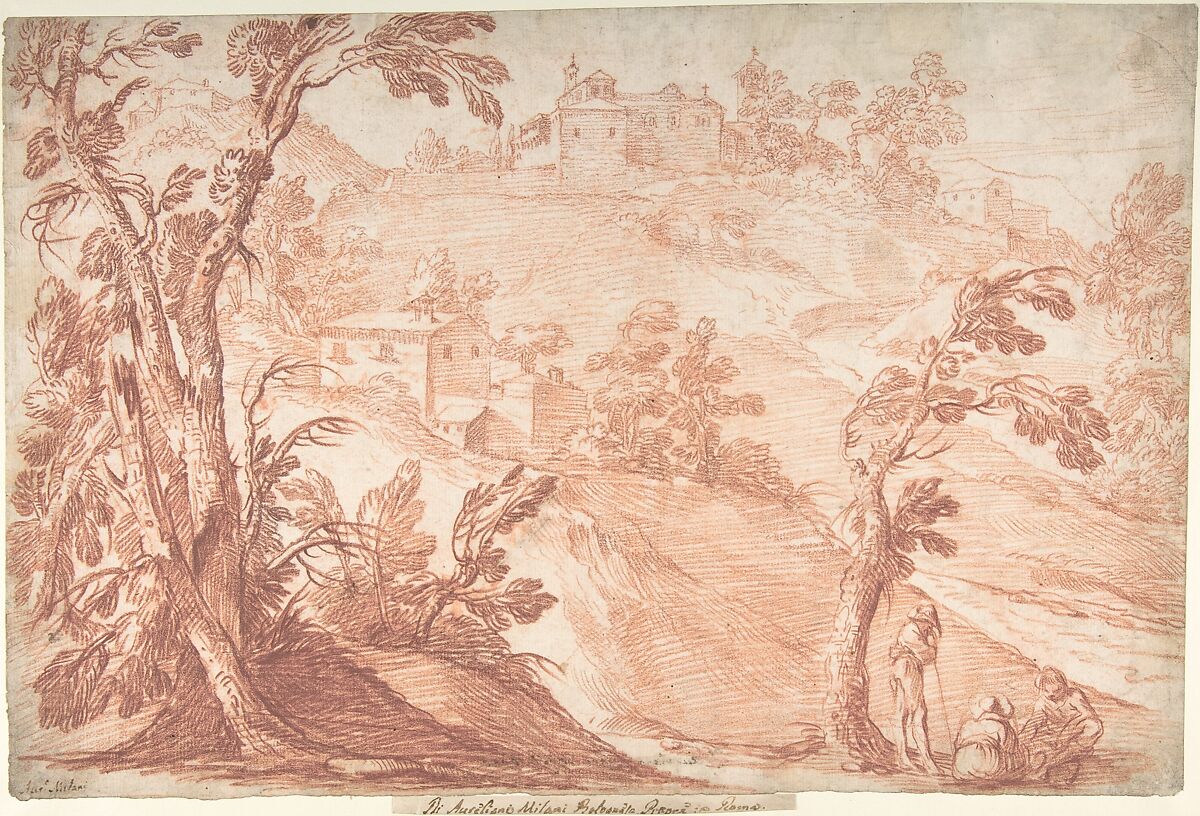 Hilly Landscape with Three Figures, Aureliano Milani  Italian, Red chalk