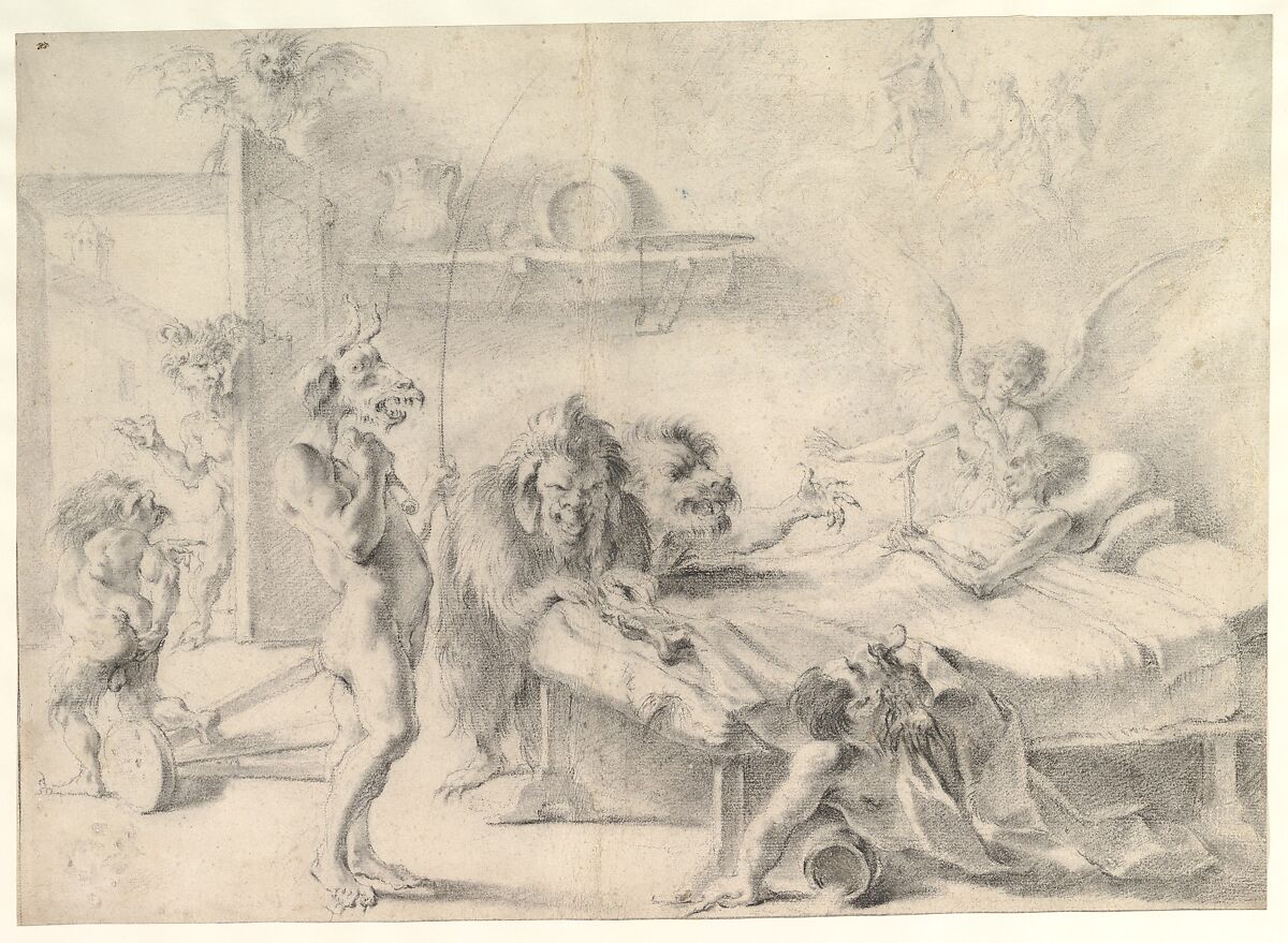 An Old Man on His Deathbed Tempted by Demons (recto); Back View of a Male Nude (verso), Aureliano Milani (Italian, Bologna 1675–1749 Bologna), Black chalk, stumped 
