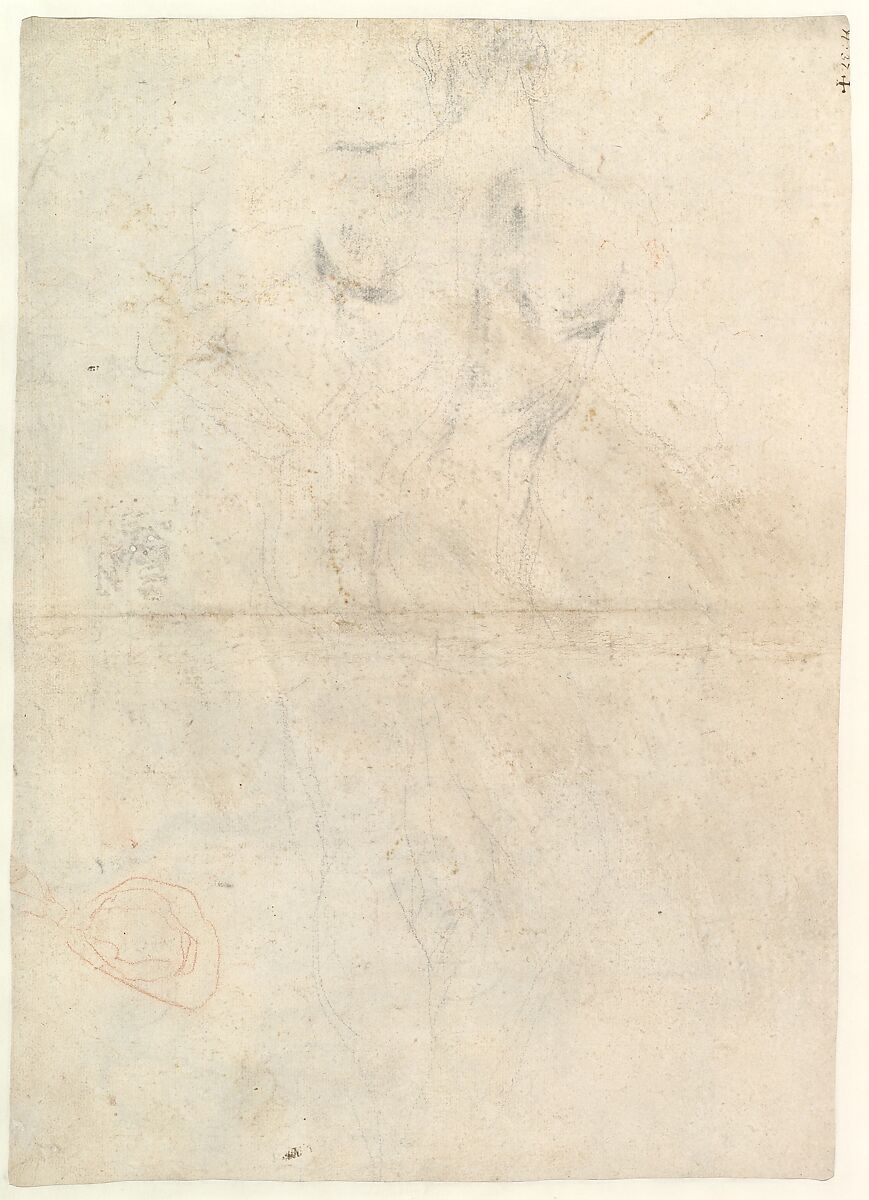 An Old Man on His Deathbed Tempted by Demons (recto); Back View of a Male Nude (verso), Aureliano Milani (Italian, Bologna 1675–1749 Bologna), Black chalk, stumped