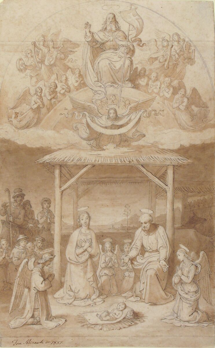 The Adoration of the Shepherds, Tommaso Minardi (Italian, Faenza 1787–1871 Rome), Pen and brown ink, brush and brown wash, over graphite