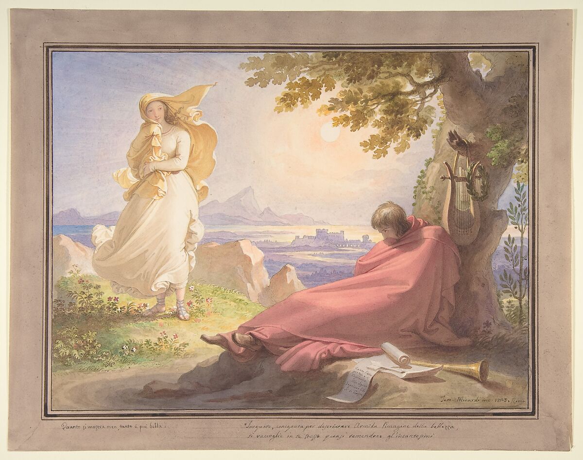 Tasso Contemplating Beauty, Tommaso Minardi (Italian, Faenza 1787–1871 Rome), Watercolor, pen and brown ink, over graphite; framing lines in pen and brown ink 