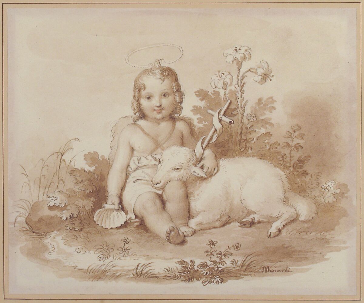 Seated John the Baptist with a Lamb in a Landscape, Tommaso Minardi (Italian, Faenza 1787–1871 Rome), Pen and brown ink, brush and pale brown wash