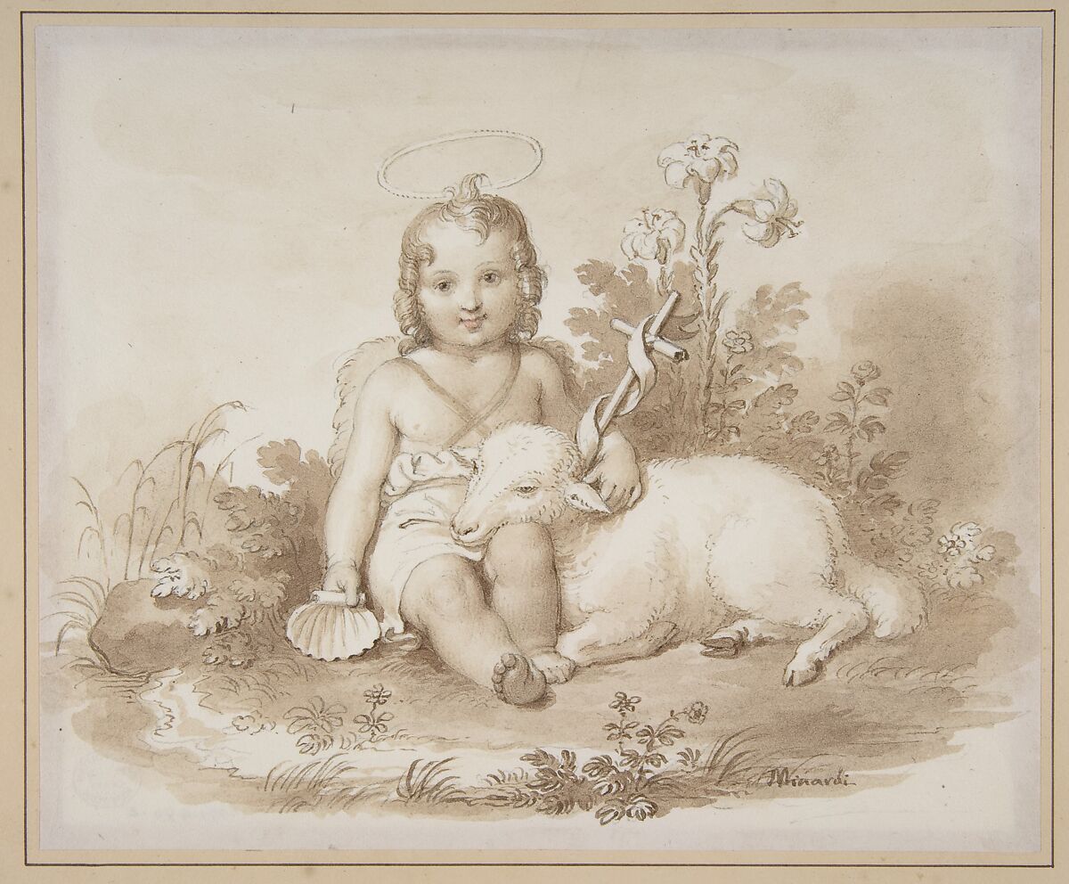 Seated John the Baptist with a Lamb in a Landscape, Tommaso Minardi (Italian, Faenza 1787–1871 Rome), Pen and brown ink, brush and pale brown wash 