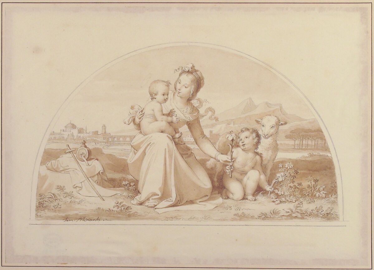 The Virgin and Child with the Infant John the Baptist and a Lamb in a Landscape, Tommaso Minardi (Italian, Faenza 1787–1871 Rome), Pen and brown ink, brush and pale brown wash