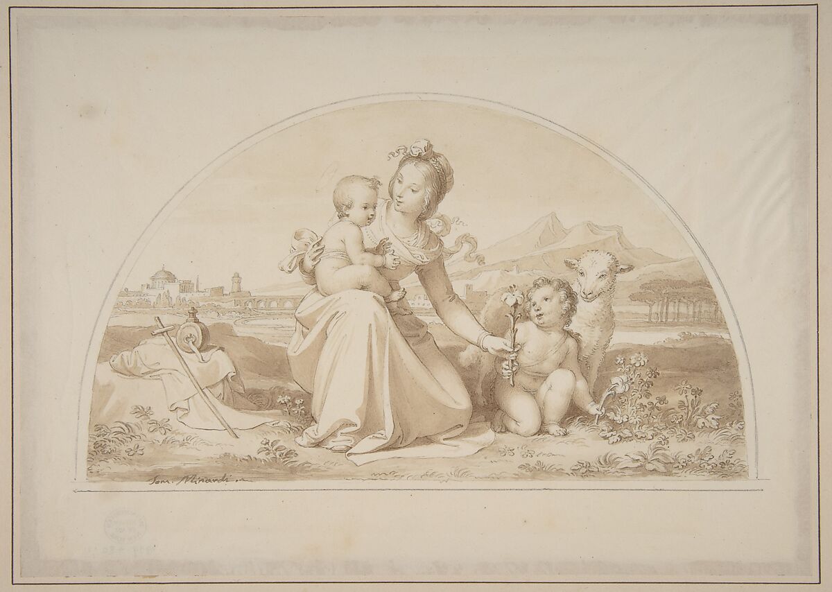 The Virgin and Child with the Infant John the Baptist and a Lamb in a Landscape, Tommaso Minardi (Italian, Faenza 1787–1871 Rome), Pen and brown ink, brush and pale brown wash 
