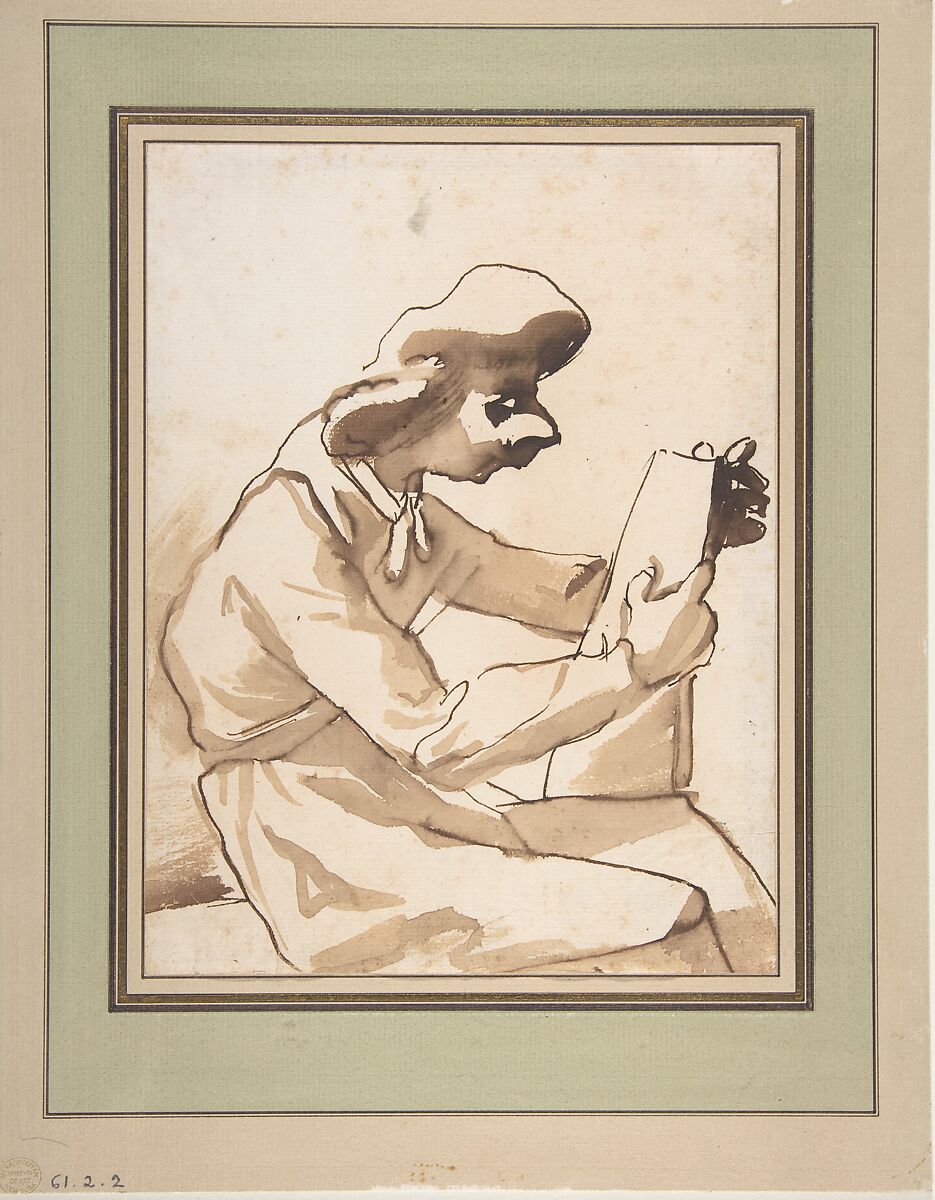Caricature of a Seated Man Reading, Pier Francesco Mola (Italian, Coldrerio 1612–1666 Rome), Pen and brown ink, brush and brown wash 