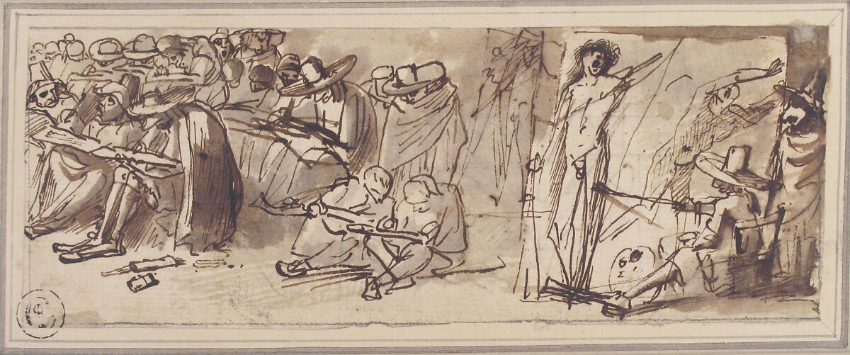 Artists Drawing and Painting in a Studio, Pier Francesco Mola (Italian, Coldrerio 1612–1666 Rome), Pen and brown ink, brush and brown wash