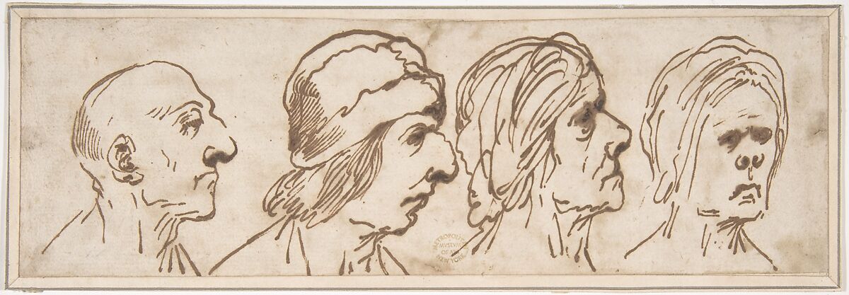Four Caricatured Heads, attributed to Pier Francesco Mola (Italian, Coldrerio 1612–1666 Rome), Pen and brown ink 