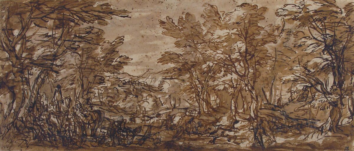 Forest Scene, a Halt at the Left, a Hunt at the Center, attributed to Pier Francesco Mola (Italian, Coldrerio 1612–1666 Rome), Pen and brown ink, brush and brown wash, highlighted with white gouache, over black chalk