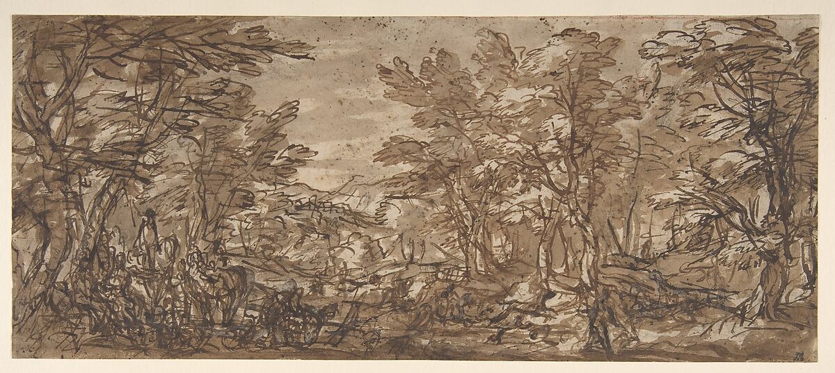 Forest Scene, a Halt at the Left, a Hunt at the Center, attributed to Pier Francesco Mola (Italian, Coldrerio 1612–1666 Rome), Pen and brown ink, brush and brown wash, highlighted with white gouache, over black chalk 