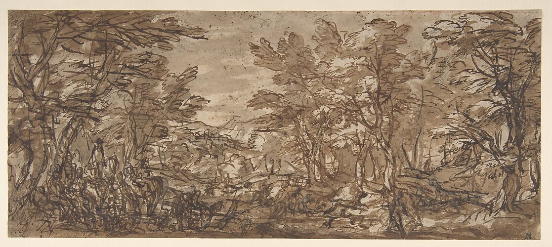 Forest Scene, a Halt at the Left, a Hunt at the Center