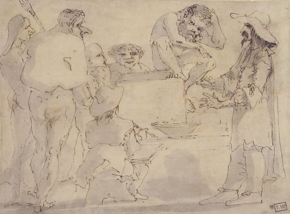 Group of Caricatured Figures with an Artist Drawing, Circle of Guercino (Giovanni Francesco Barbieri) (Italian, Cento 1591–1666 Bologna), Pen and brown ink, brush and gray wash