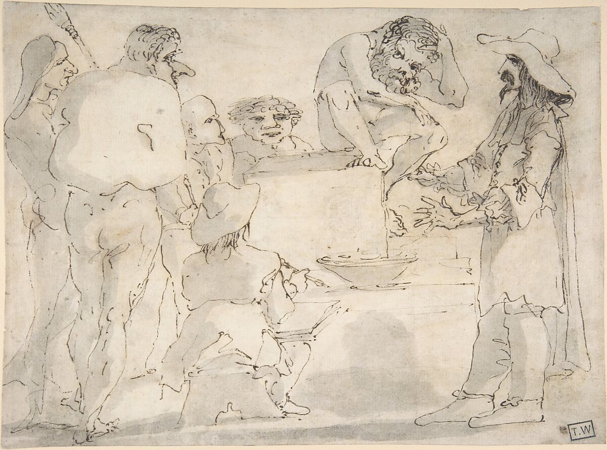 Group of Caricatured Figures with an Artist Drawing, Circle of Guercino (Giovanni Francesco Barbieri) (Italian, Cento 1591–1666 Bologna), Pen and brown ink, brush and gray wash 