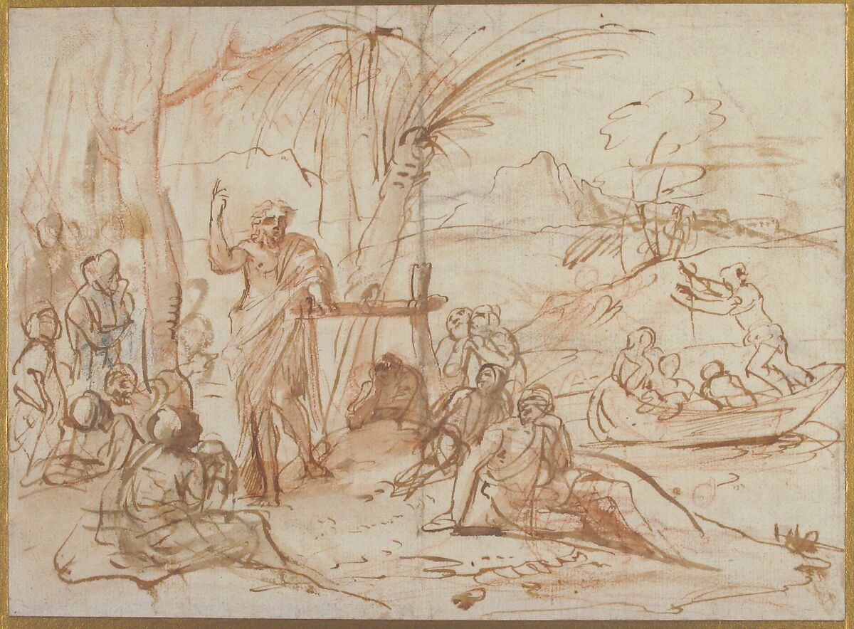 Saint John the Baptist Preaching., attributed to Pier Francesco Mola (Italian, Coldrerio 1612–1666 Rome), Pen and brown ink, brush with brown and red wash, red chalk
