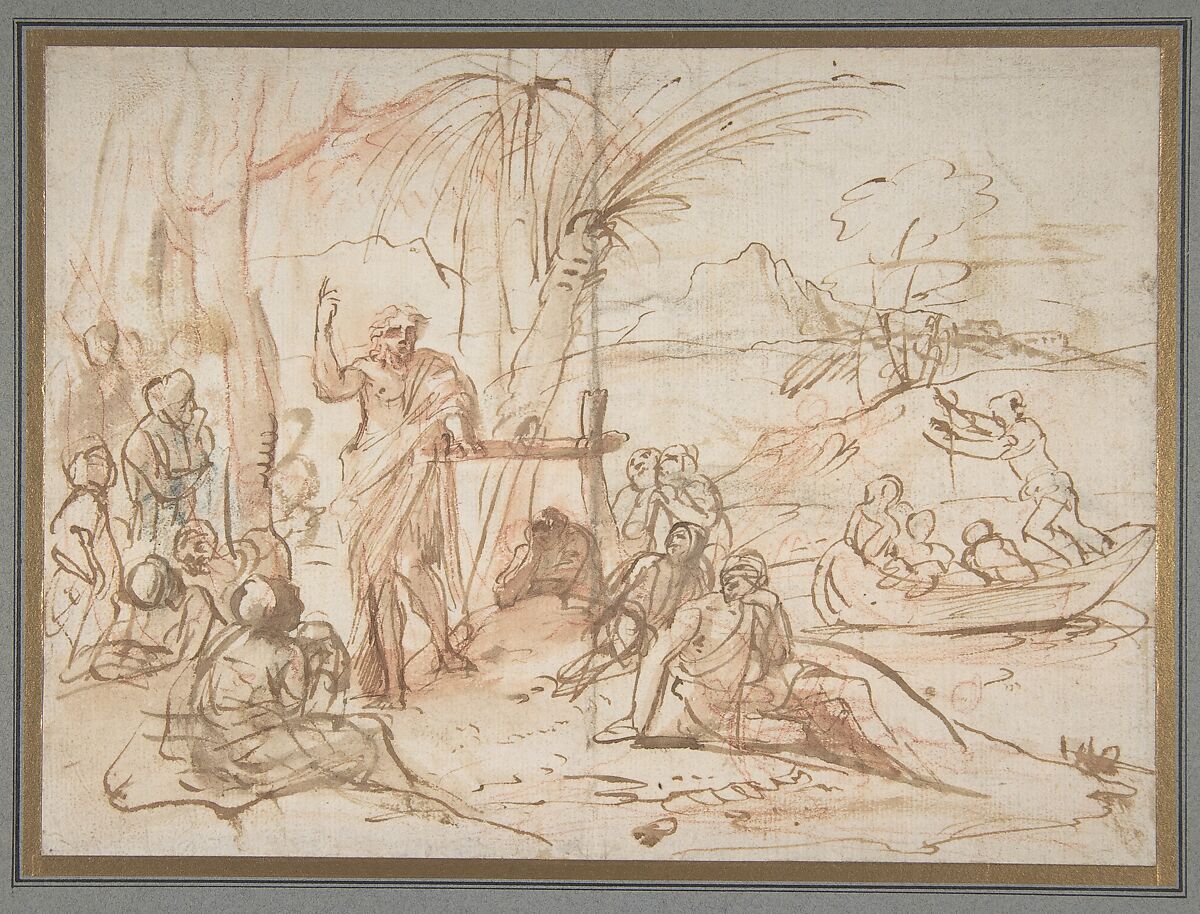 Saint John the Baptist Preaching., attributed to Pier Francesco Mola (Italian, Coldrerio 1612–1666 Rome), Pen and brown ink, brush with brown and red wash, red chalk 