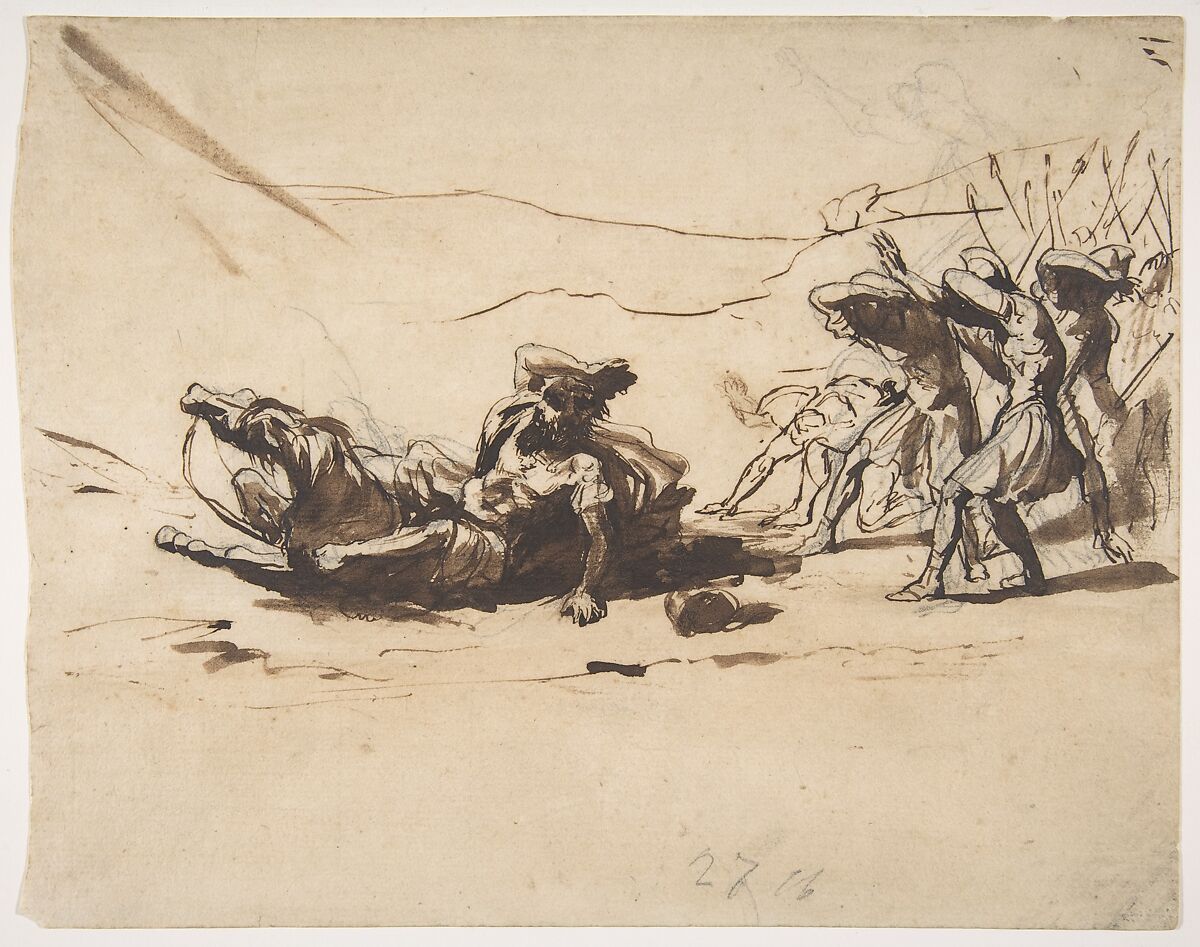 Conversion of Saint Paul, Pier Francesco Mola (Italian, Coldrerio 1612–1666 Rome), Pen and brown ink, brush and brown wash, over black chalk 