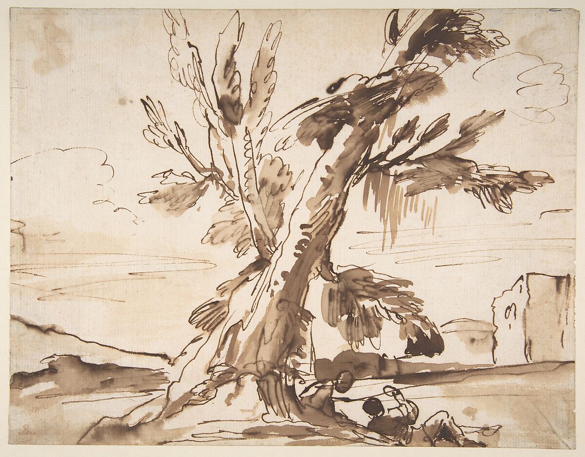Landscape with Two Men Under a Tree., Pier Francesco Mola (Italian, Coldrerio 1612–1666 Rome), Pen and brown ink, brush and brown wash 