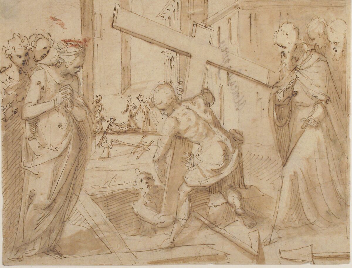 The Discovery of the True Cross, Moncalvo (Guglielmo Caccia) (Italian, Montabone 1568–1625 Moncalvo), Pen and brown ink, brush and brown wash, over slight traces of black chalk