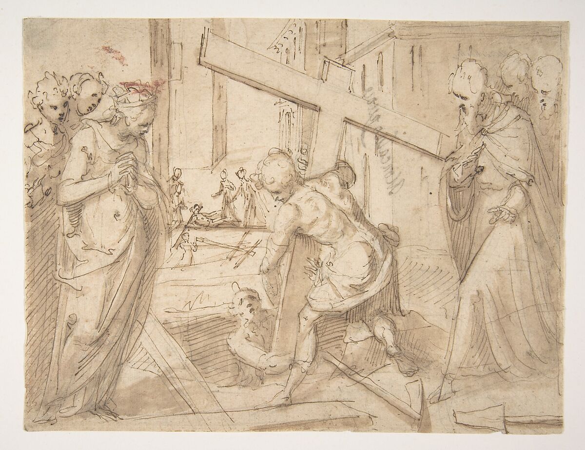 The Discovery of the True Cross, Moncalvo (Guglielmo Caccia) (Italian, Montabone 1568–1625 Moncalvo), Pen and brown ink, brush and brown wash, over slight traces of black chalk 
