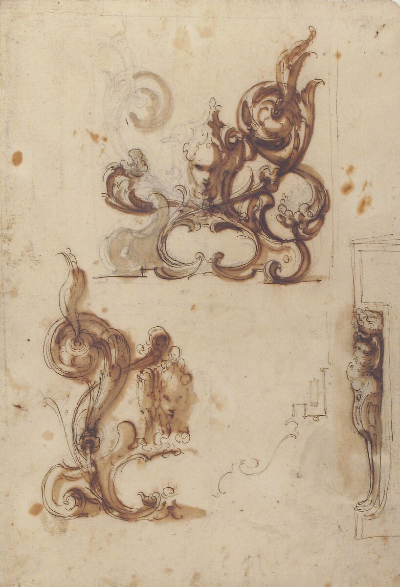 Designs for Ornamental Motifs and for a Herm Supporting a Chimney Piece, Moncalvo (Guglielmo Caccia) (Italian, Montabone 1568–1625 Moncalvo), Pen and brown ink, brush and brown wash, over black chalk