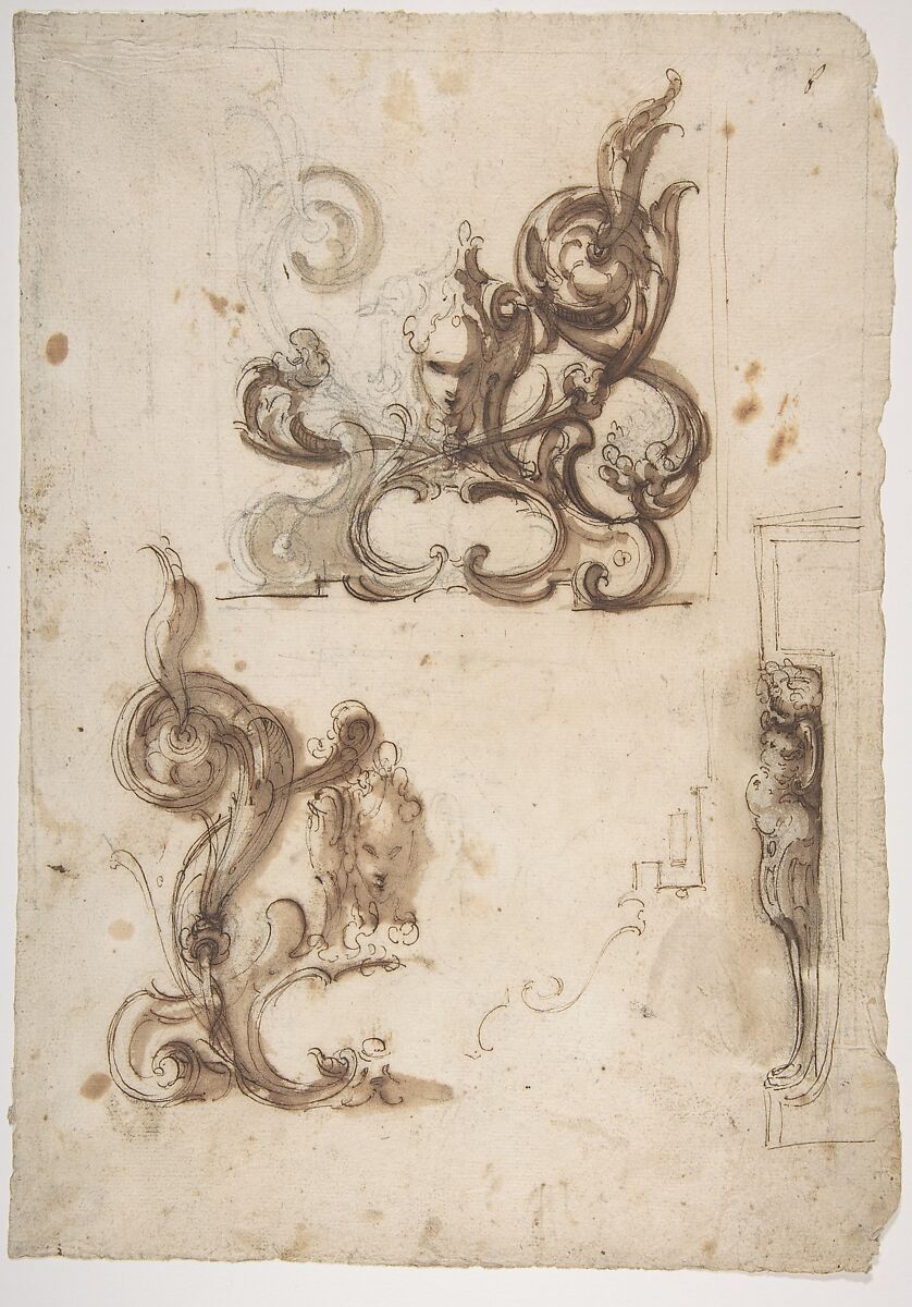 Designs for Ornamental Motifs and for a Herm Supporting a Chimney Piece, Moncalvo (Guglielmo Caccia) (Italian, Montabone 1568–1625 Moncalvo), Pen and brown ink, brush and brown wash, over black chalk 