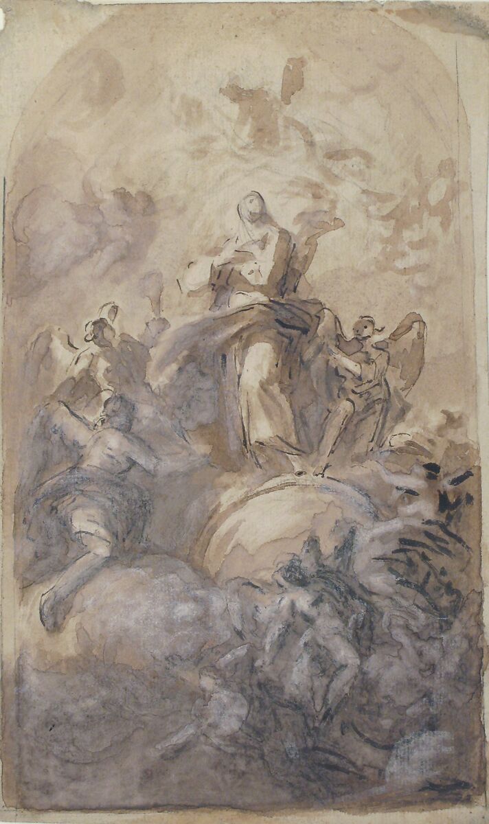 The Virgin Immaculate in Glory (recto); Sketch of a Part of a Leg and a Hand (verso), Domenico Mondo (Italian, Capodrise near Caserta 1723–1806 Naples), Point of brush and dark brown ink, brush and brown wash, highlighted with white gouache, over black chalk, on beige paper (recto); black chalk (verso)
