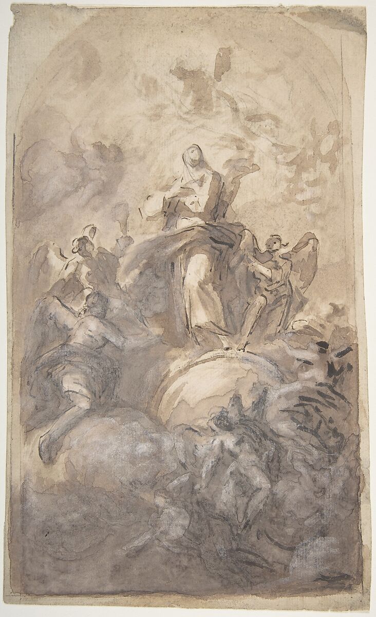 The Virgin Immaculate in Glory (recto); Sketch of a Part of a Leg and a Hand (verso), Domenico Mondo (Italian, Capodrise near Caserta 1723–1806 Naples), Point of brush and dark brown ink, brush and brown wash, highlighted with white gouache, over black chalk, on beige paper (recto); black chalk (verso) 