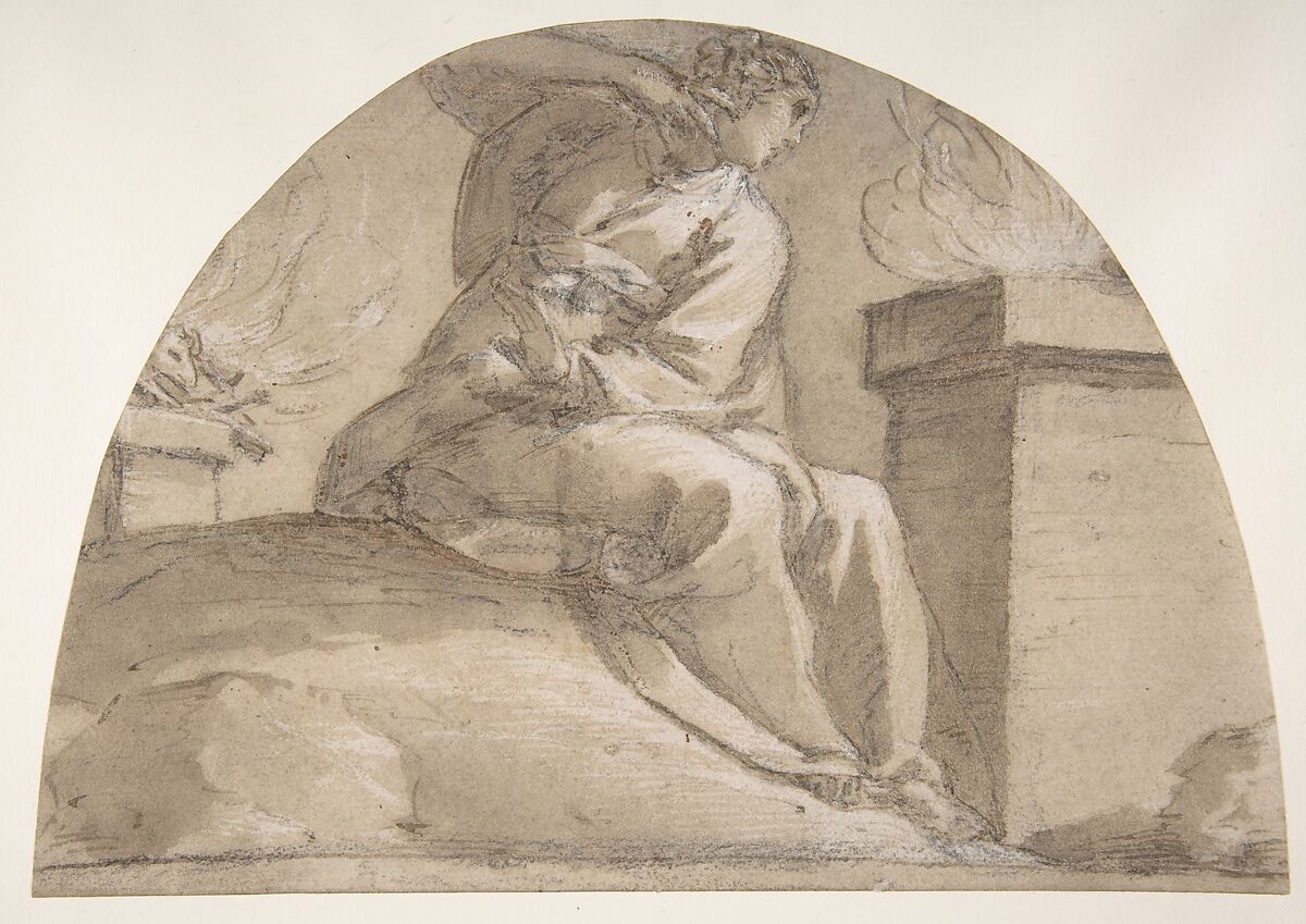 Seated Allegorical Female Figure, Morazzone (Pier Francesco Mazzucchelli) (Italian, Morazzone 1573–?1626 Piacenza), Pen and brown ink, gray wash over black chalk, highlighted with white, on light gray washed paper 