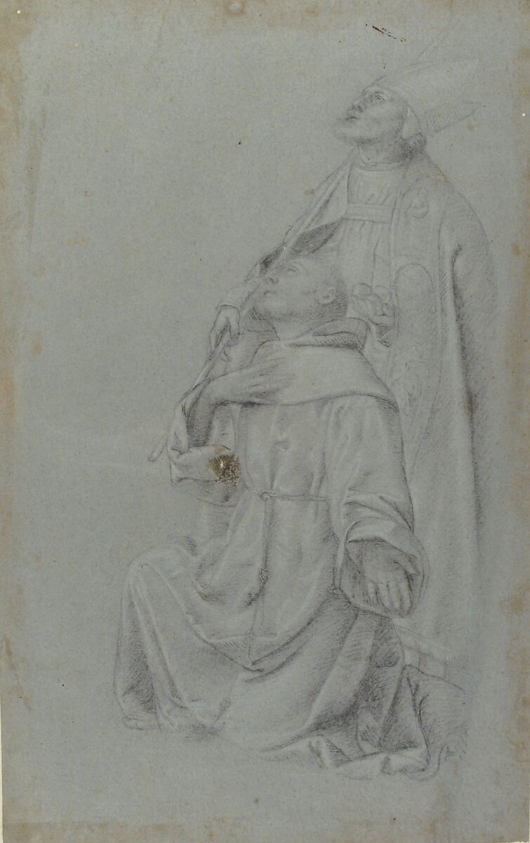 Kneeling St. Francis and St. Nicholas of Bari, After Moretto da Brescia (Alessandro Bonvicino) (Italian, Brescia ca. 1498–1554 Brescia), Black chalk, highlighted with white, on blue paper