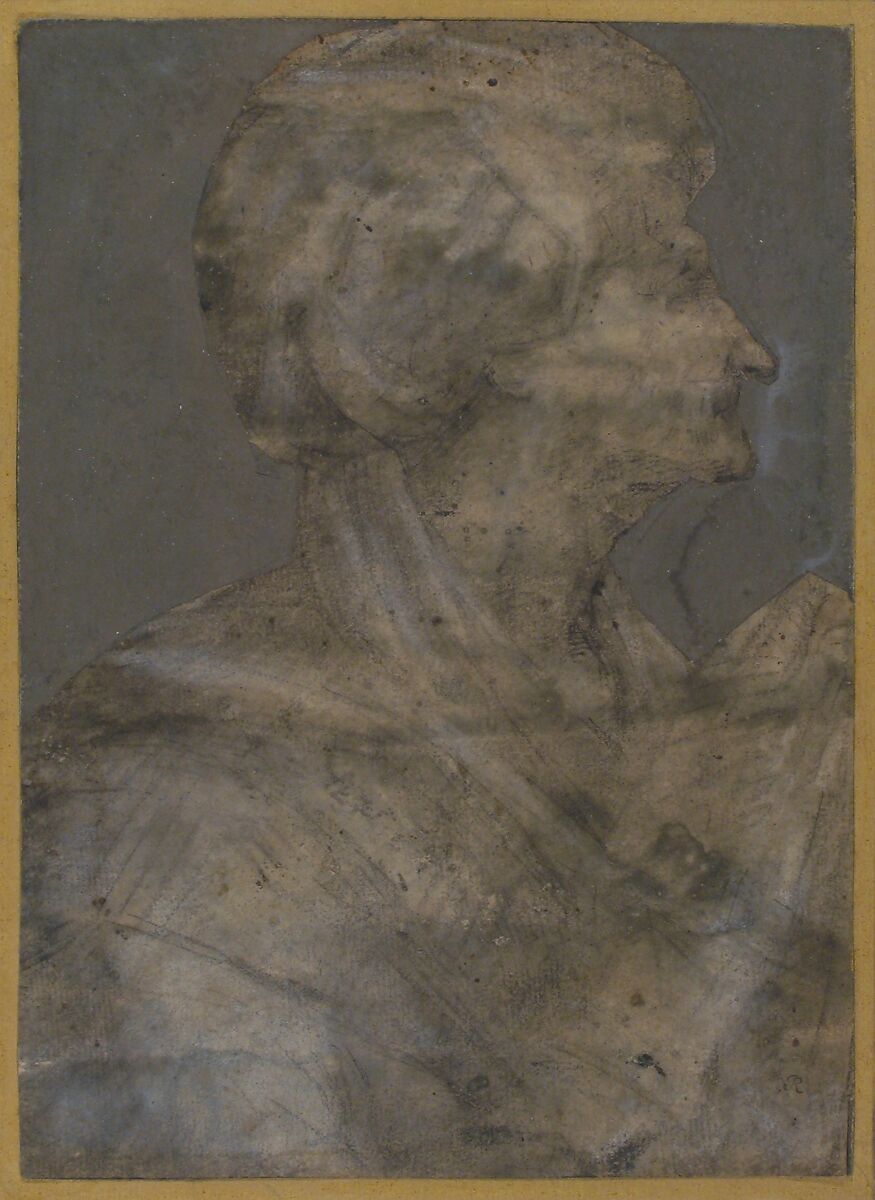 Bust Of an Old Woman in Profile to Right, Rosso Fiorentino (Italian, Florence 1494–1540 Fontainebleau), Black chalk, highlighted with white, on beige paper. Figure roughly silhouetted and background tinted in opaque gray wash