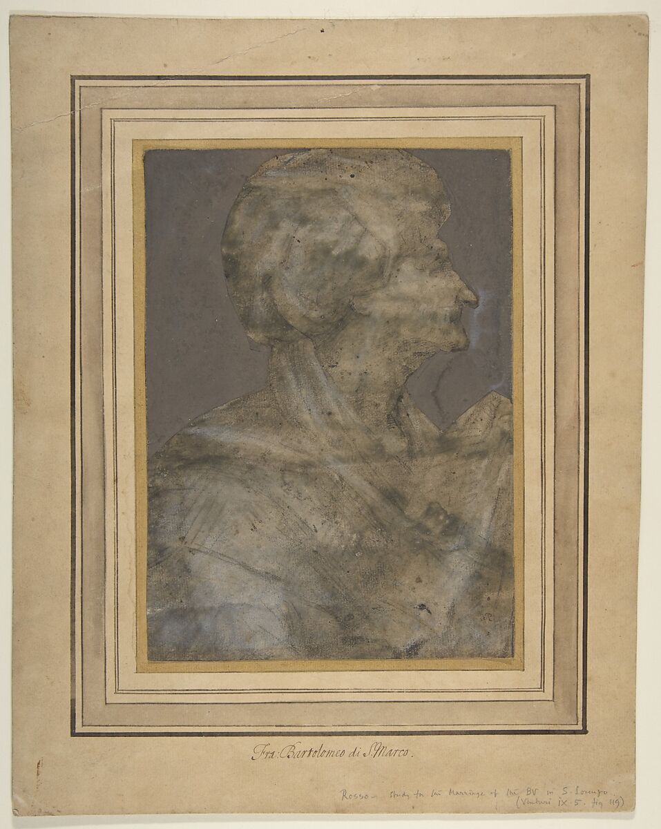 Bust Of an Old Woman in Profile to Right, Rosso Fiorentino (Italian, Florence 1494–1540 Fontainebleau), Black chalk, highlighted with white, on beige paper. Figure roughly silhouetted and background tinted in opaque gray wash 