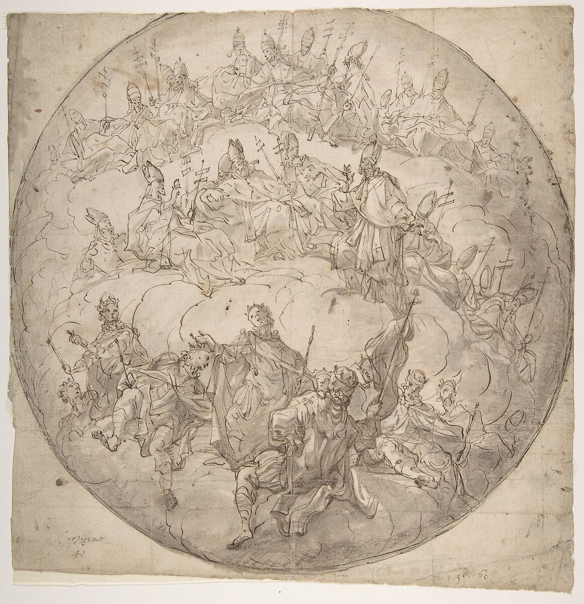 Kings, Bishops and Popes: design for ceiling., Francesco de Mura (Italian, Naples 1696–1782 Naples), Pen, ink and wash on paper 