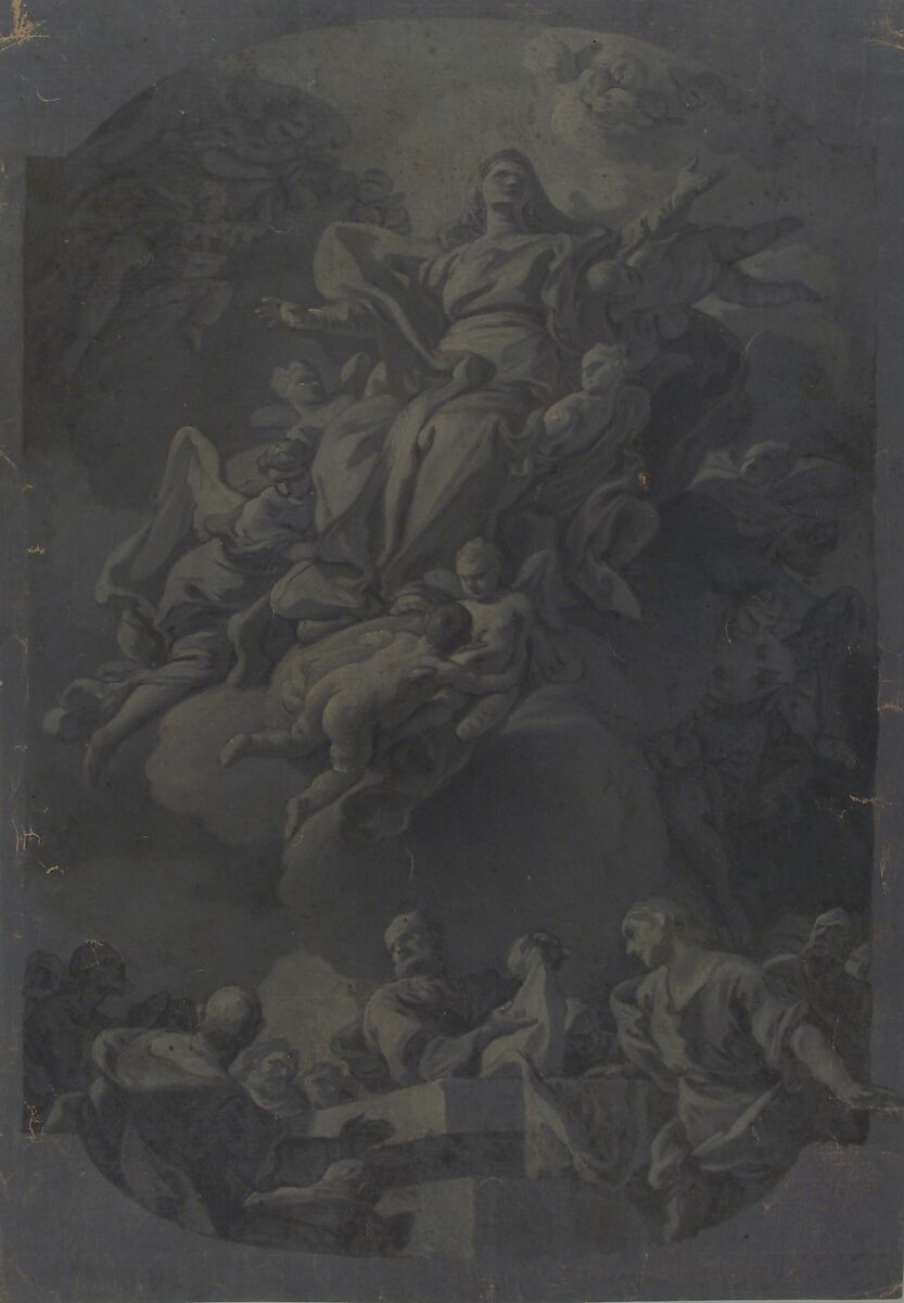 The Assumption of the Virgin, Francesco Narice (Narici) (Italian, Genoa ca. 1719–1785 Genoa), Brush, gray and cream tempera, on gray washed paper