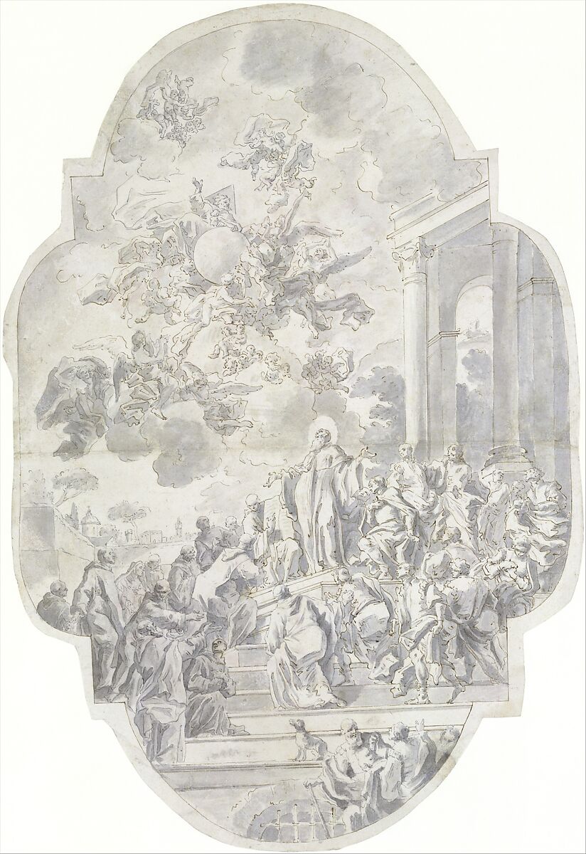 The Vision of Saint Benedict, Francesco de Mura (Italian, Naples 1696–1782 Naples), Pen and brown and gray ink, brush and gray wash, over graphite