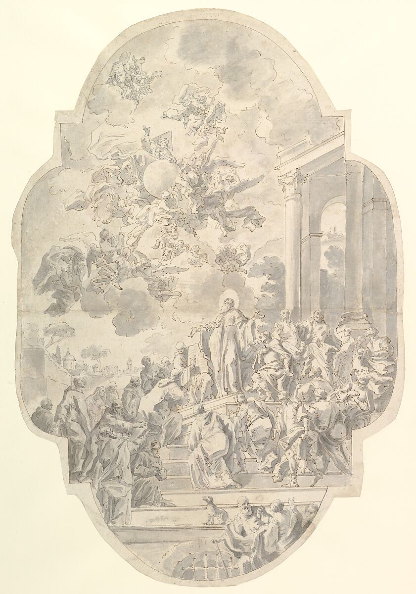 The Vision of Saint Benedict, Francesco de Mura (Italian, Naples 1696–1782 Naples), Pen and brown and gray ink, brush and gray wash, over graphite 