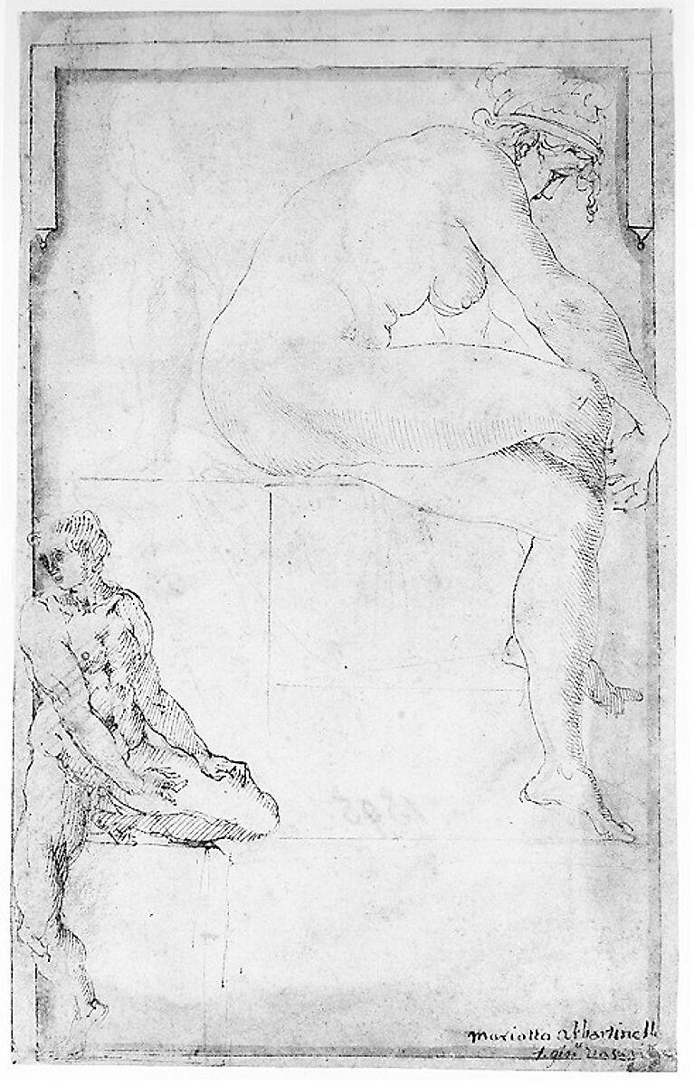Two Figures in an Architectural Setting: A Female Nude Seated in a Profile View and  a Seated Male Nude in a Three-Quarter View with the Left Leg Bent, circle of Rosso Fiorentino (Italian, Florence 1494–1540 Fontainebleau), Pen and brown ink, red and black chalk.