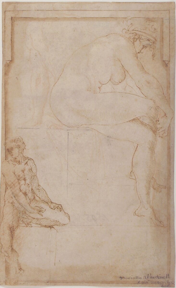 Two Figures in an Architectural Setting: A Female Nude Seated in a Profile View and  a Seated Male Nude in a Three-Quarter View with the Left Leg Bent, circle of Rosso Fiorentino (Italian, Florence 1494–1540 Fontainebleau), Pen and brown ink, red and black chalk.